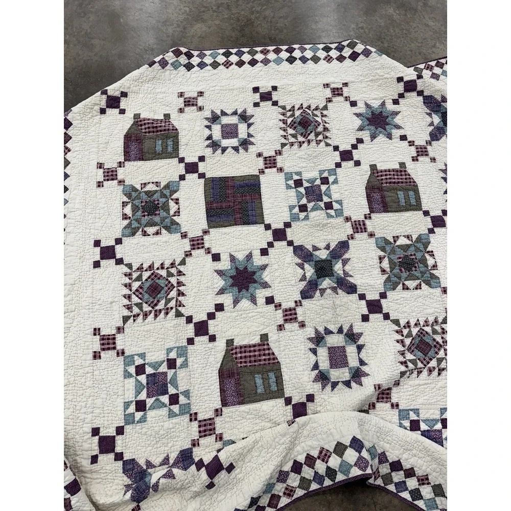 VTG Irish Chain Quilt Feedsack Farmhouse Cottage Purple Blue 81x81 Excellent!